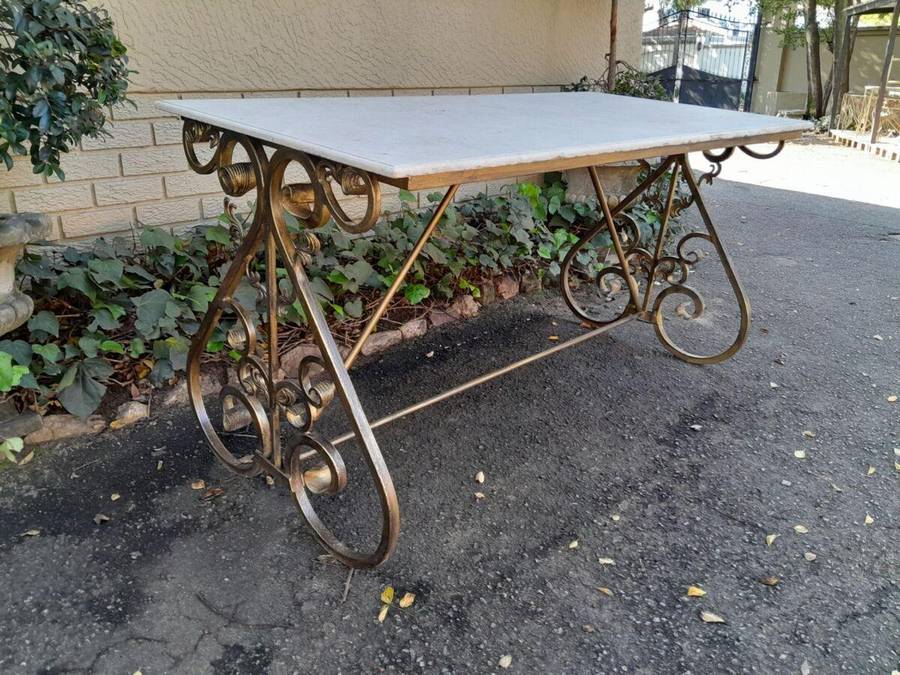 Ornate Wrought Iron Console Table With Marble Top