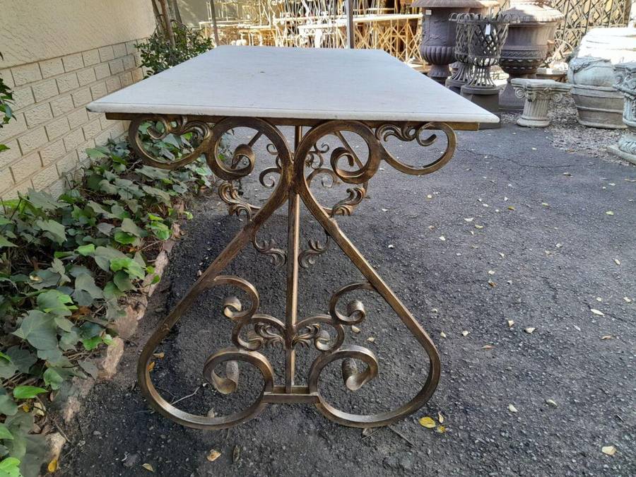 Ornate Wrought Iron Console Table With Marble Top