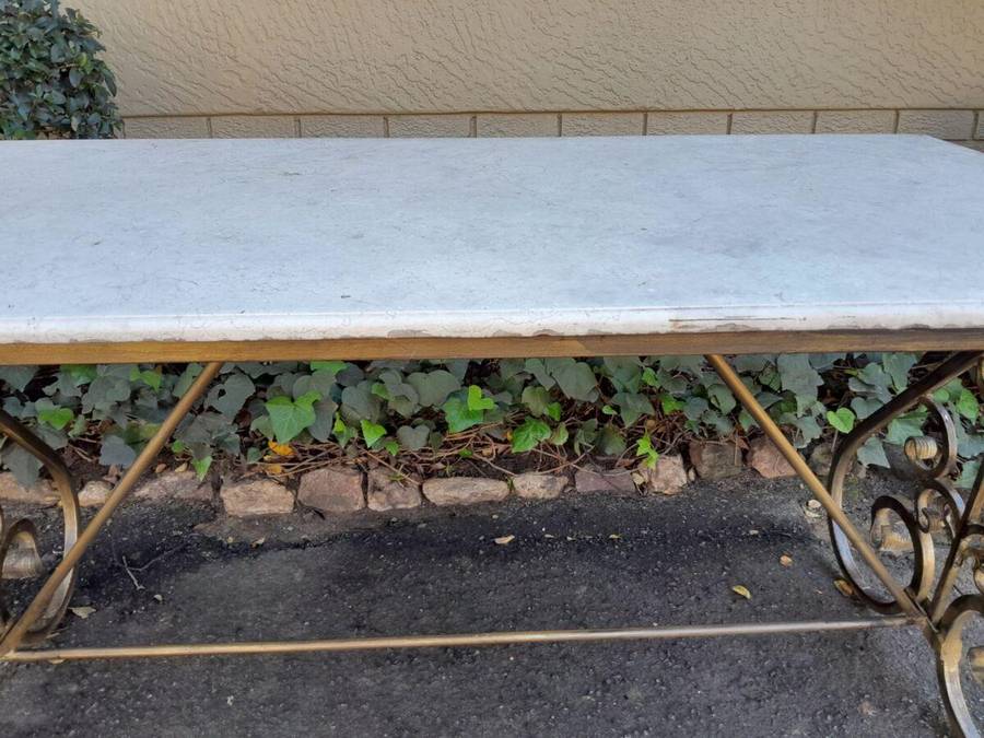 Ornate Wrought Iron Console Table With Marble Top