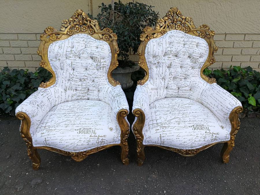 A Pair Of French Baroque Ornately Carved Gilded Arm Chairs Upholstered in an Exclusive and Custom...