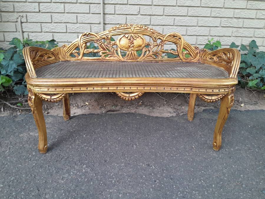 A French Style Set Of Carved and Hand-Gilded Rattan Settee With Two Chairs