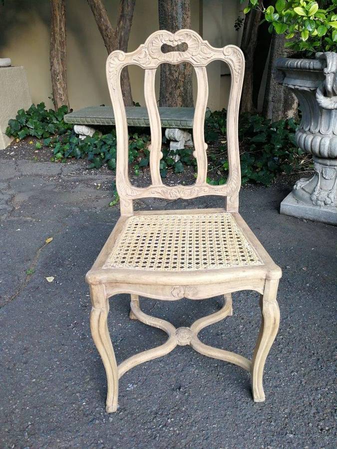 A Set Of Ten Antique French Provincial Carved Bleached / Natural Oak Dining Chairs With Rattan Se...