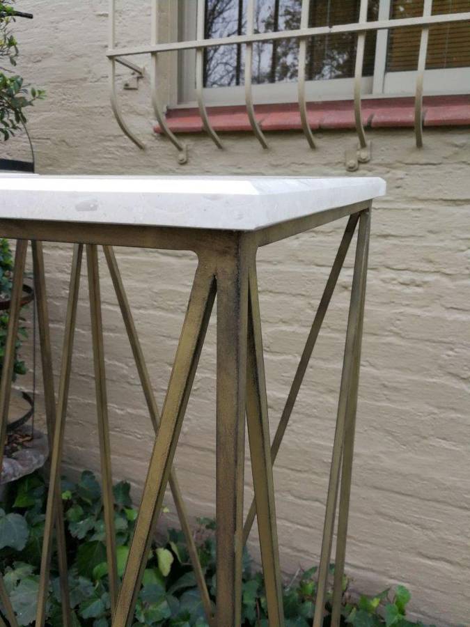 A Pair of Antique Gold Decorative Large Size Wrought Iron Plinths with Marble Tops Custom-Made fo...