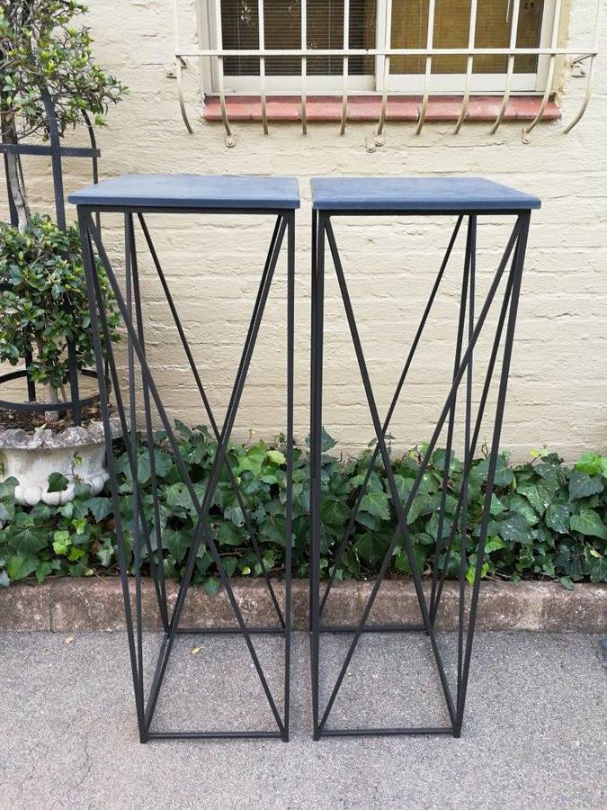 A Pair of Graphine Decorative Large Size Wrought Iron Plinths with Marble Tops Custom-Made for Th...