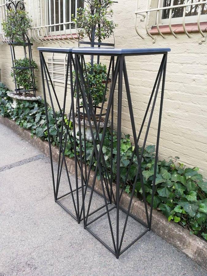 A Pair of Graphine Decorative Large Size Wrought Iron Plinths with Marble Tops Custom-Made for Th...