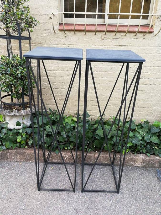 A Pair of Graphine Decorative Large Size Wrought Iron Plinths with Marble Tops Custom-Made for Th...