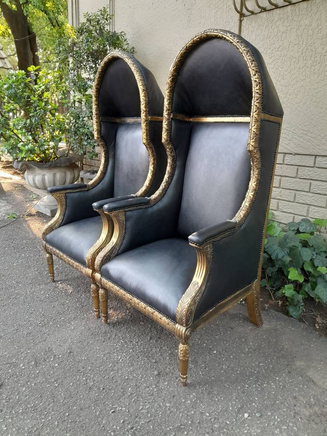 A Pair Of French Style Carved and Hand-Gilded with Gold Leaf Wooden Dome / Canopy Chairs Modelled...