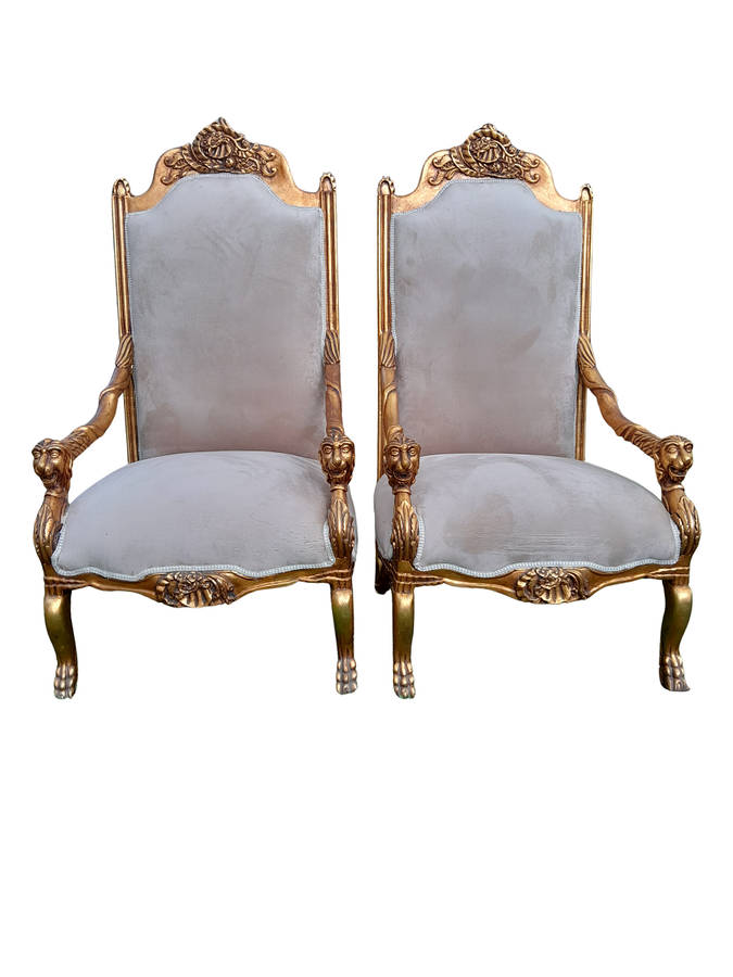 An Exceptional Pair of 20th Century French Style Ornately Carved & Giltwood Throne Chairs