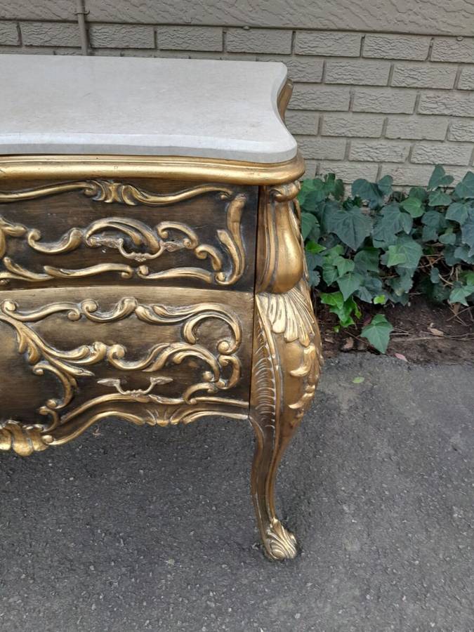 A Set of French Rococo Style Ornately Carved and Gilded Chest of Drawers and Pair of Side Tables ...