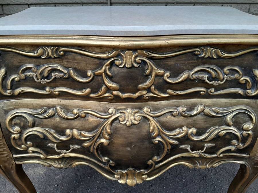 A Set of French Rococo Style Ornately Carved and Gilded Chest of Drawers and Pair of Side Tables ...