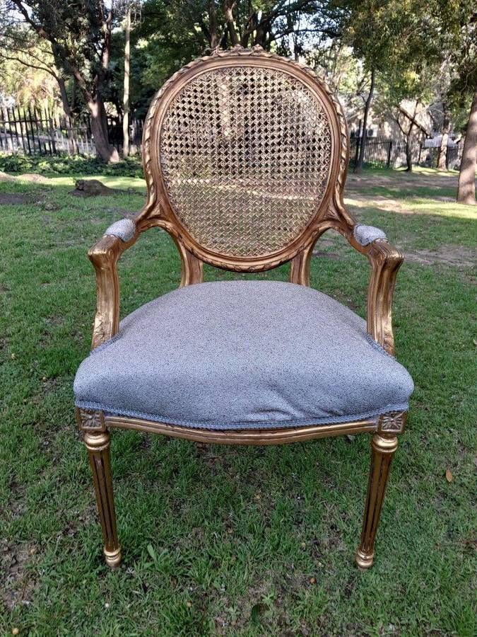 A Pair of 20th Century French Style Rattan-Back Gilded Arm Chairs