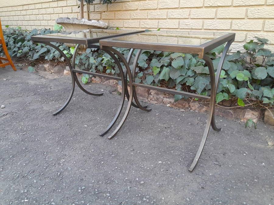A Pair Of Contemporary Wrought Iron Glass Top Side Tables