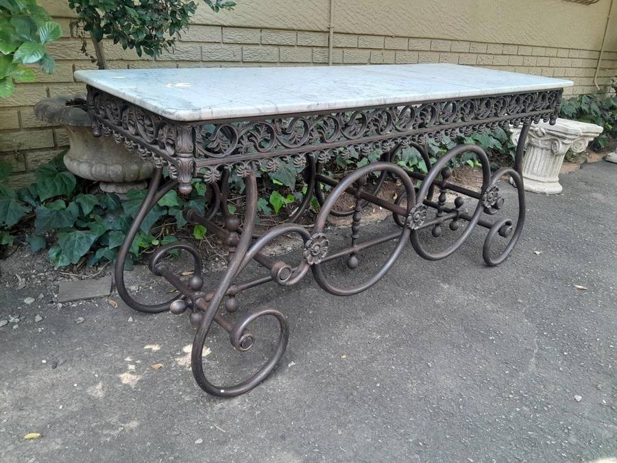 A French Style Wrought Iron and Marble Console Table