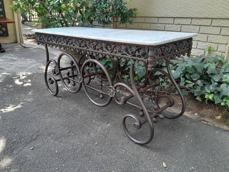 A French Style Wrought Iron and Marble Console Table