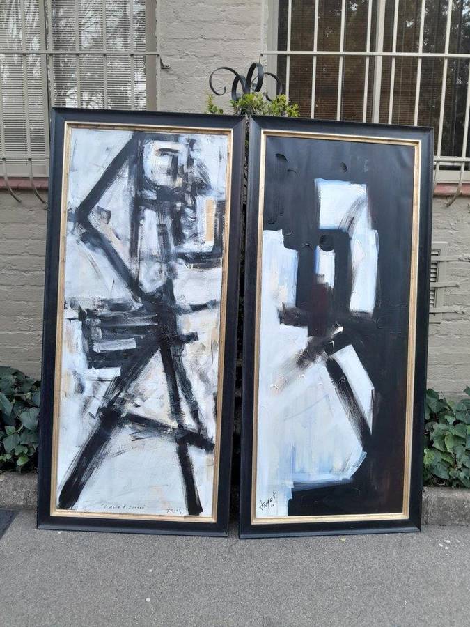 A Pair of Ornately Framed Abstracts Paintings Homage à Picasso Framed in a Handmade Frame