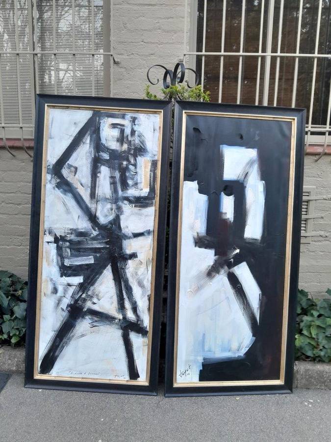 A Pair of Ornately Framed Abstracts Paintings Homage à Picasso Framed in a Handmade Frame