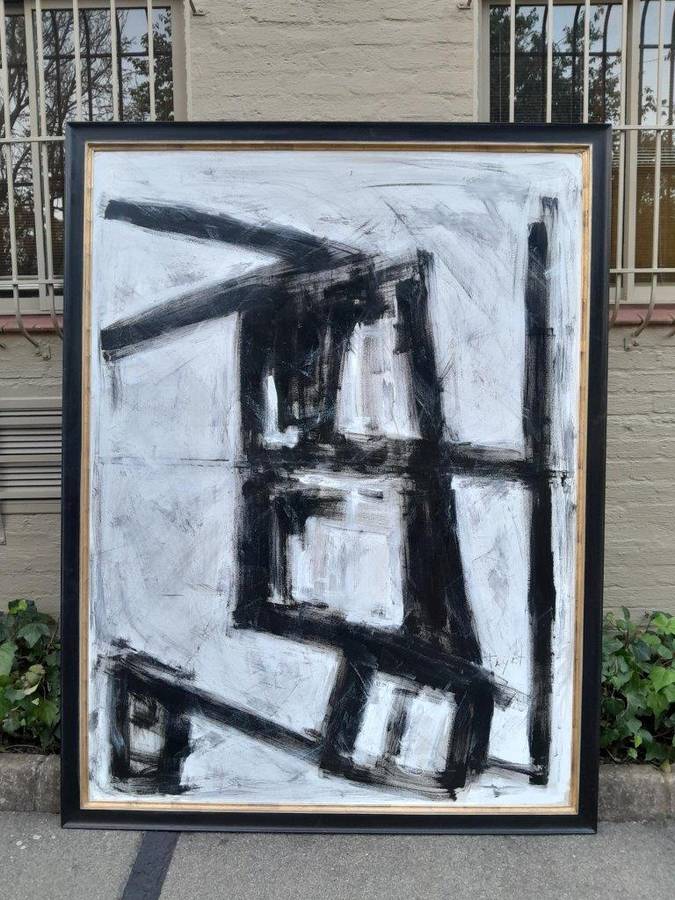 An Ornately Framed Black and White:Abstract Composition Signed of Large Proportions Framed in a H...