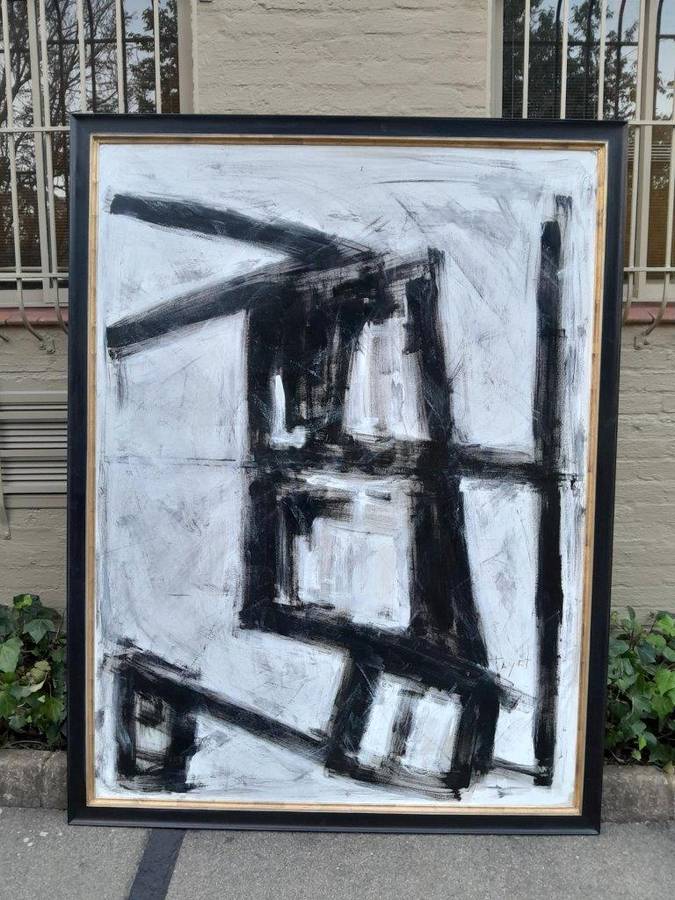 An Ornately Framed Black and White:Abstract Composition Signed of Large Proportions Framed in a H...