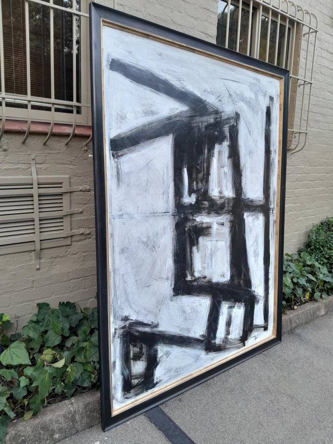 An Ornately Framed Black and White:Abstract Composition Signed of Large Proportions Framed in a H...