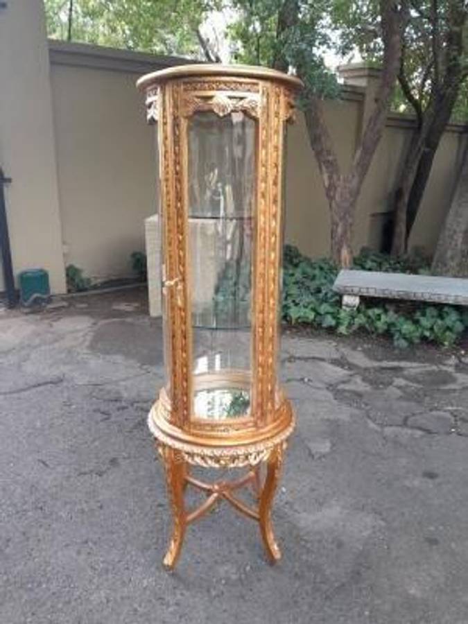 A French Style Gilded Cylindrical Display Cabinet / Vitrine With Marble Top