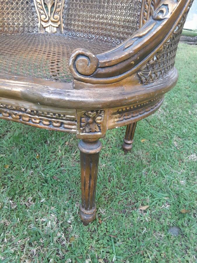 A French Louis XVI Style Pair of Ornately Carved Giltwood Rattan Bergere Chairs