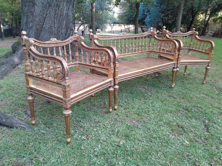 A 20th Century 3 Piece French Style Occasional Suite of a Settee and 2 Arm Chairs in Rattan