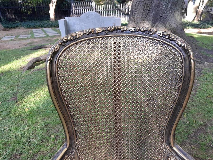 A 20th Century Pair of French Style Gilt Wood Rattan Arm Chairs