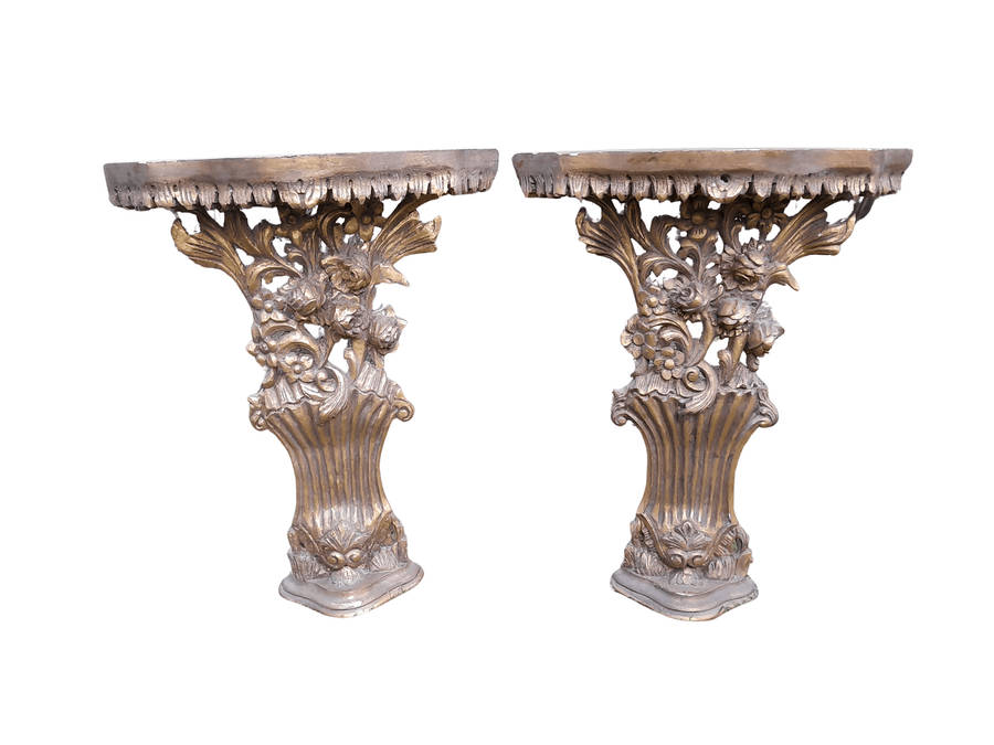 A Pair of Medium French Style Carved and Gilded Wall Sconces Or Console Tables with Cream Marble ...
