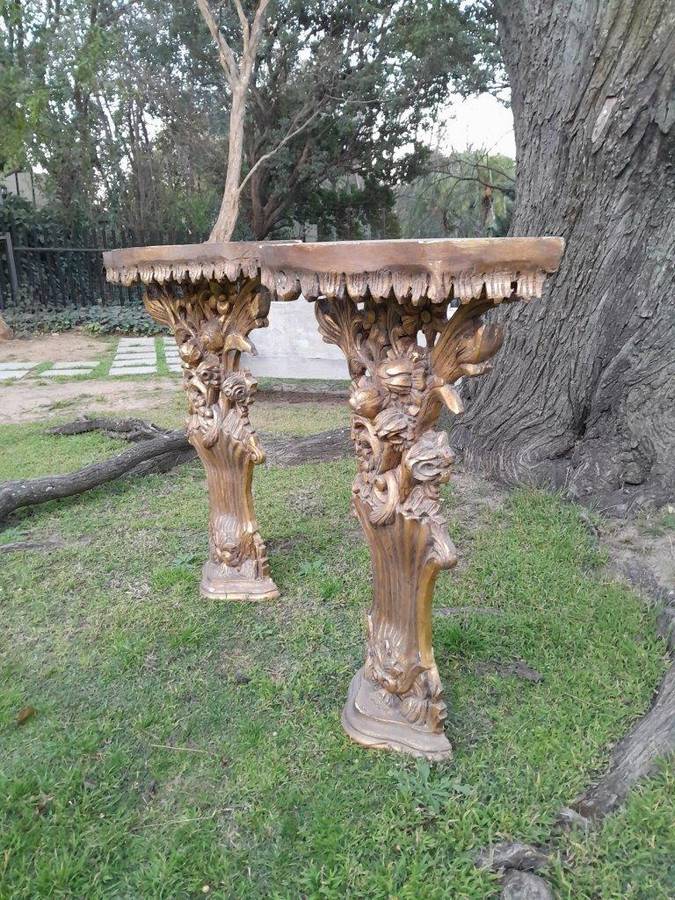 A Pair of Medium French Style Carved and Gilded Wall Sconces Or Console Tables with Cream Marble ...