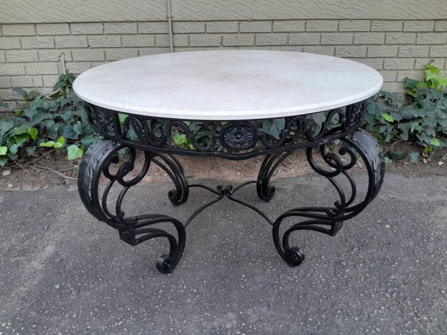 A 20th Century Imported French Style Wrought Iron Circular Entrance Table / Table with Cream Marb...