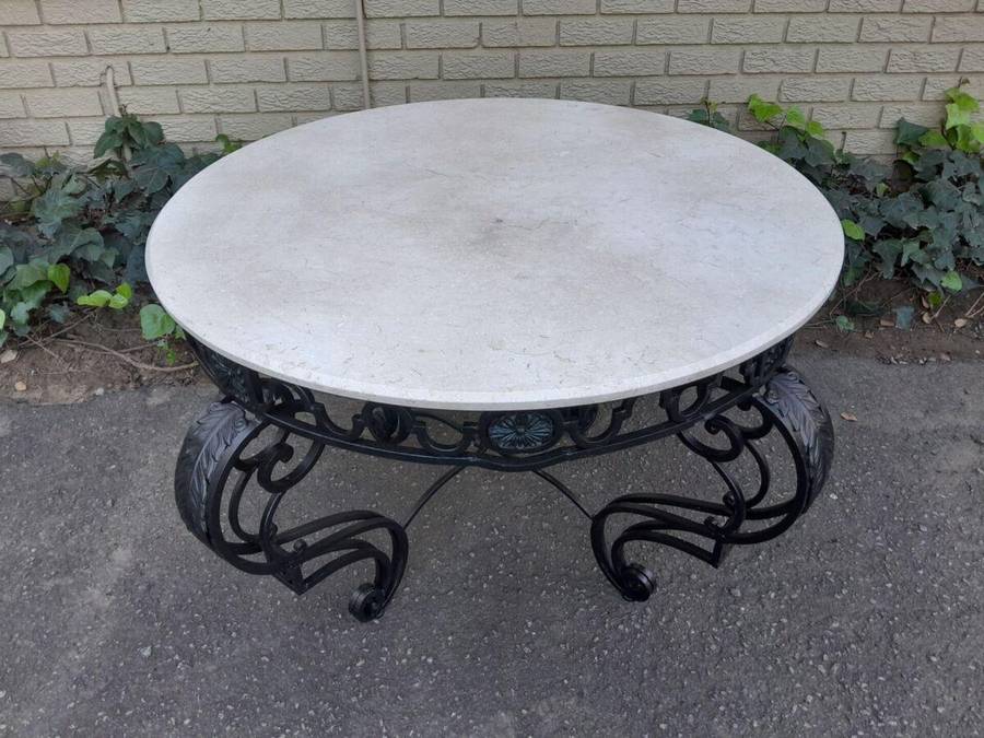 A 20th Century Imported French Style Wrought Iron Circular Entrance Table / Table with Cream Marb...