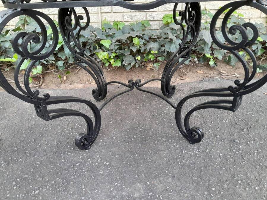 A 20th Century Imported French Style Wrought Iron Circular Entrance Table / Table with Cream Marb...