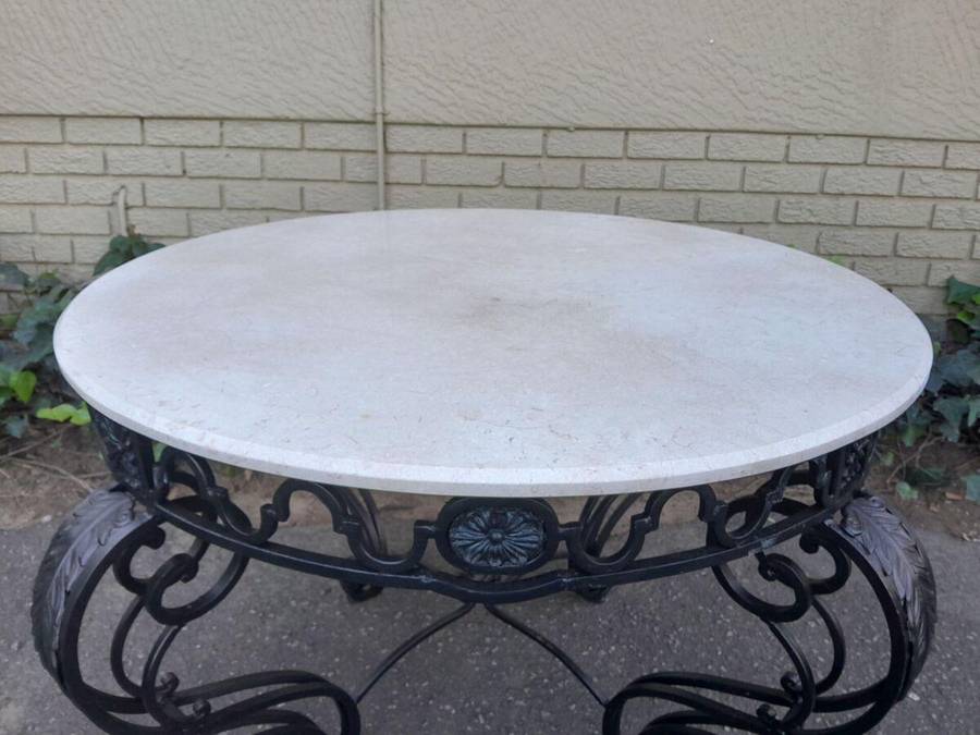 A 20th Century Imported French Style Wrought Iron Circular Entrance Table / Table with Cream Marb...