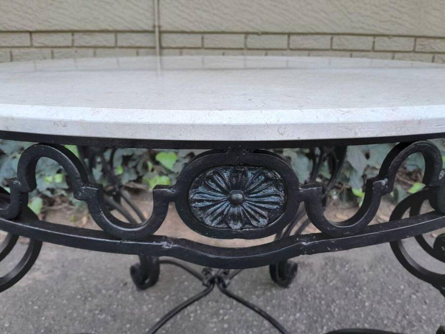 A 20th Century Imported French Style Wrought Iron Circular Entrance Table / Table with Cream Marb...