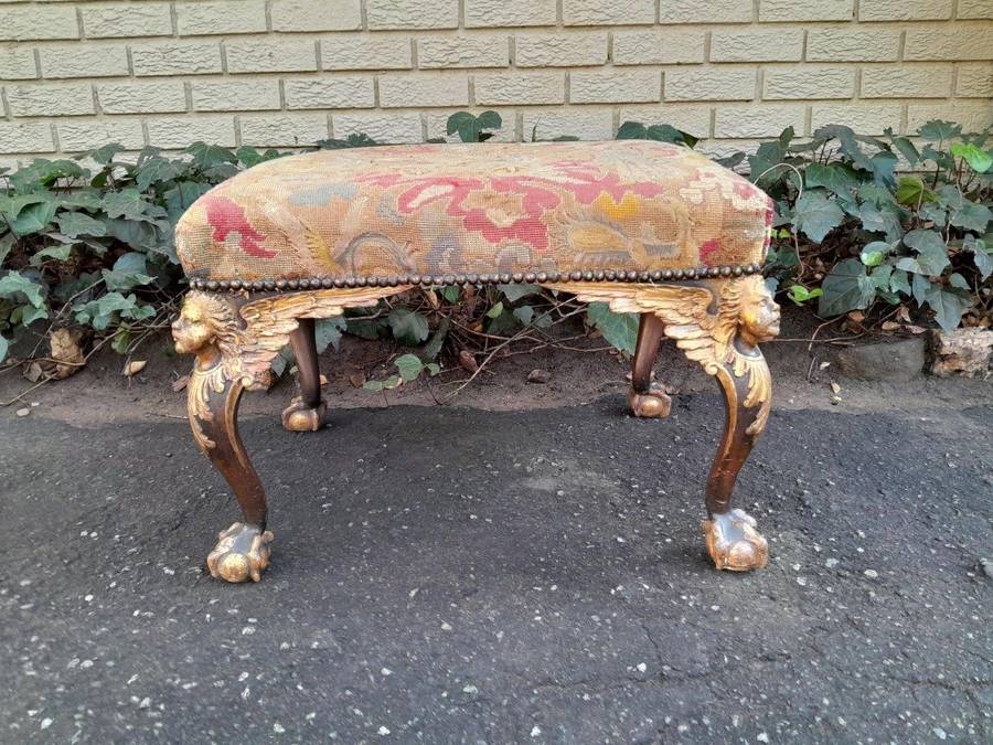 An Early 19th Century French Empire Ornately Hand Carved  Gilt Wood And Aged French Aubusson Wove...