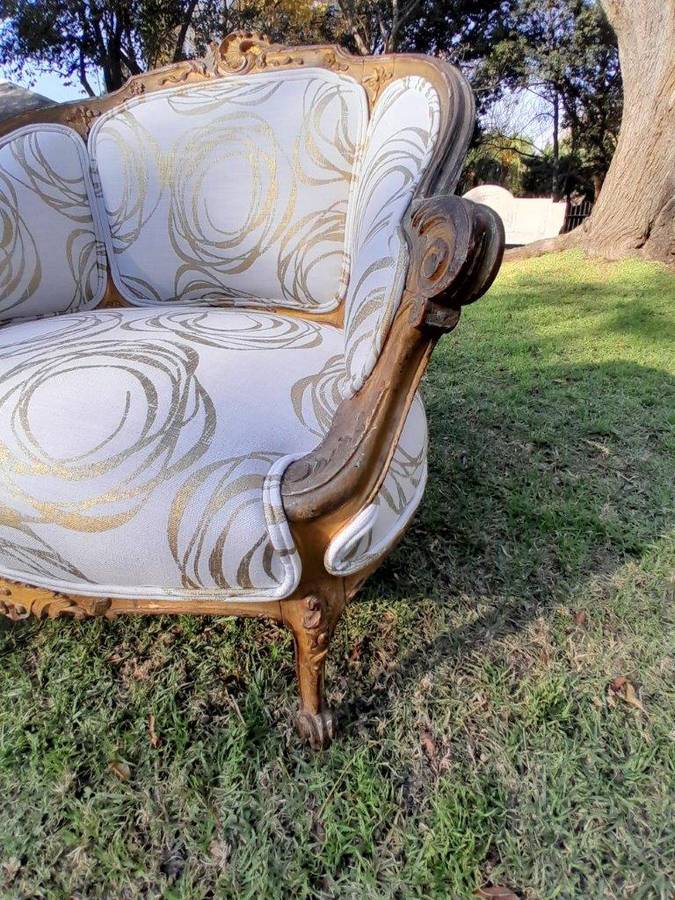 A Late 19th Century French Carved and Gilt Wood Walnut Bergere Armchair  Upholstered in  a cust...