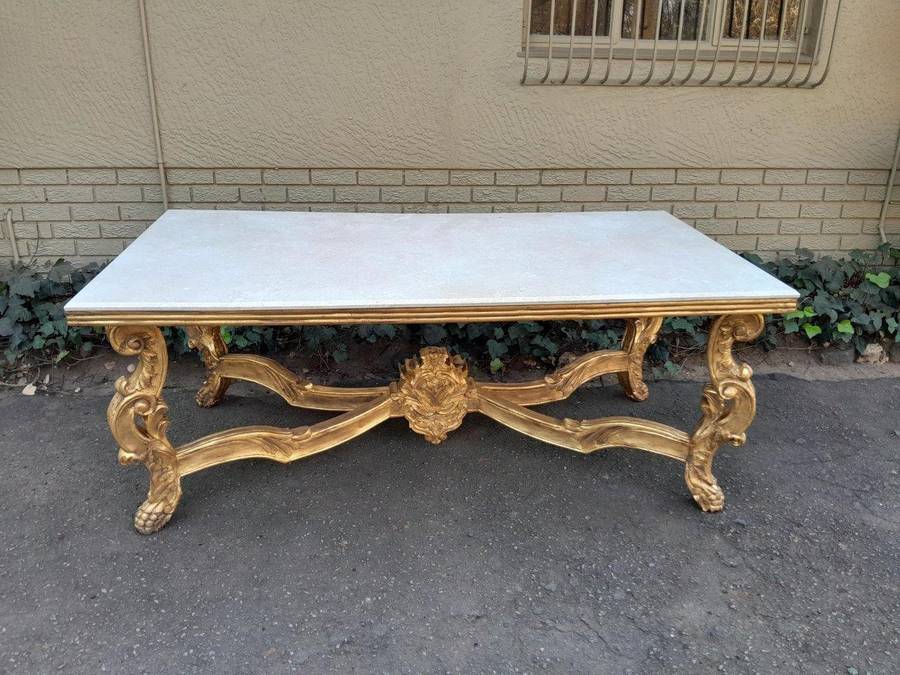 A 20TH Century Ornately Carved & Hand-Gilded Console/Entrance/Dining/Drinks Table with Cream Marb...
