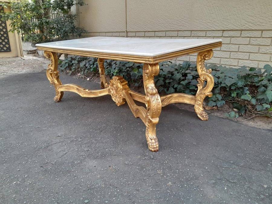 A 20TH Century Ornately Carved & Hand-Gilded Console/Entrance/Dining/Drinks Table with Cream Marb...