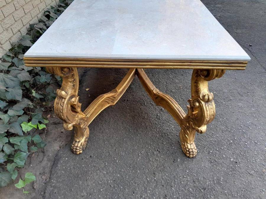 A 20TH Century Ornately Carved & Hand-Gilded Console/Entrance/Dining/Drinks Table with Cream Marb...