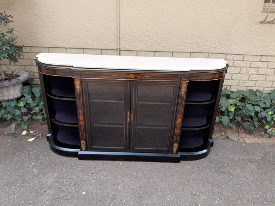 An Antique Victorian French Style Ebonised and Inlay Walnut Credenza/Display Cabinet with Brass H...