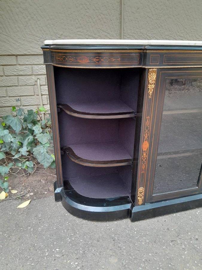 An Antique Victorian French Style Ebonised and Inlay Walnut Credenza/Display Cabinet with Brass H...