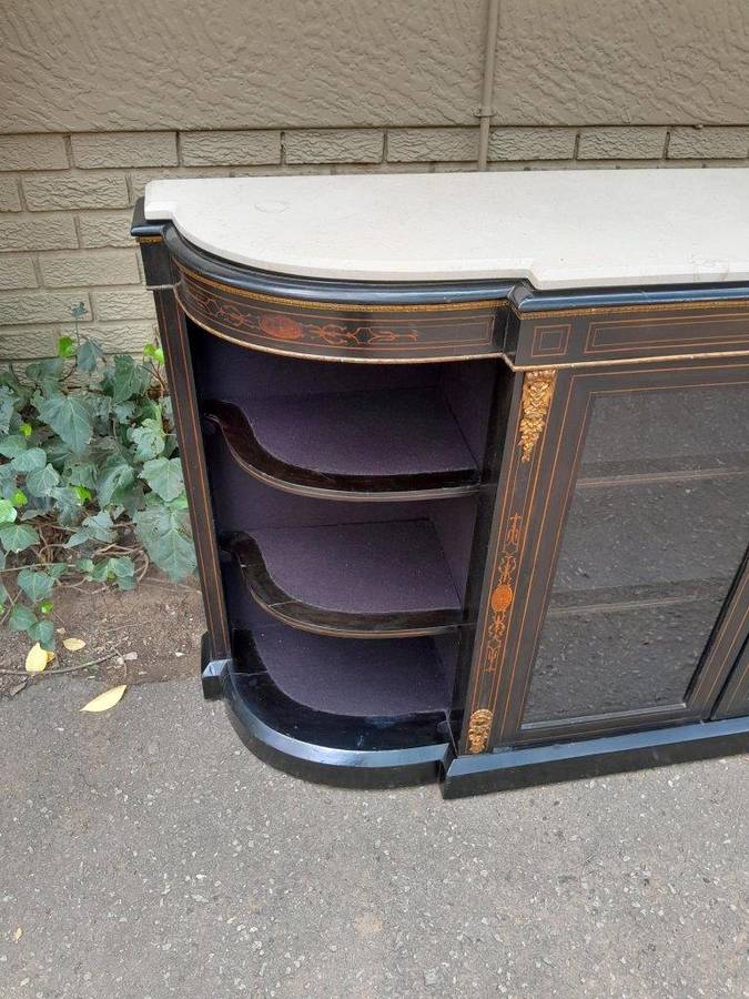 An Antique Victorian French Style Ebonised and Inlay Walnut Credenza/Display Cabinet with Brass H...