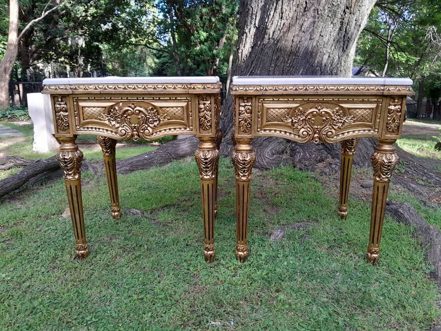 A Pair Of French Style Ornately Carved Marble Top Side Tables With 1 Drawer