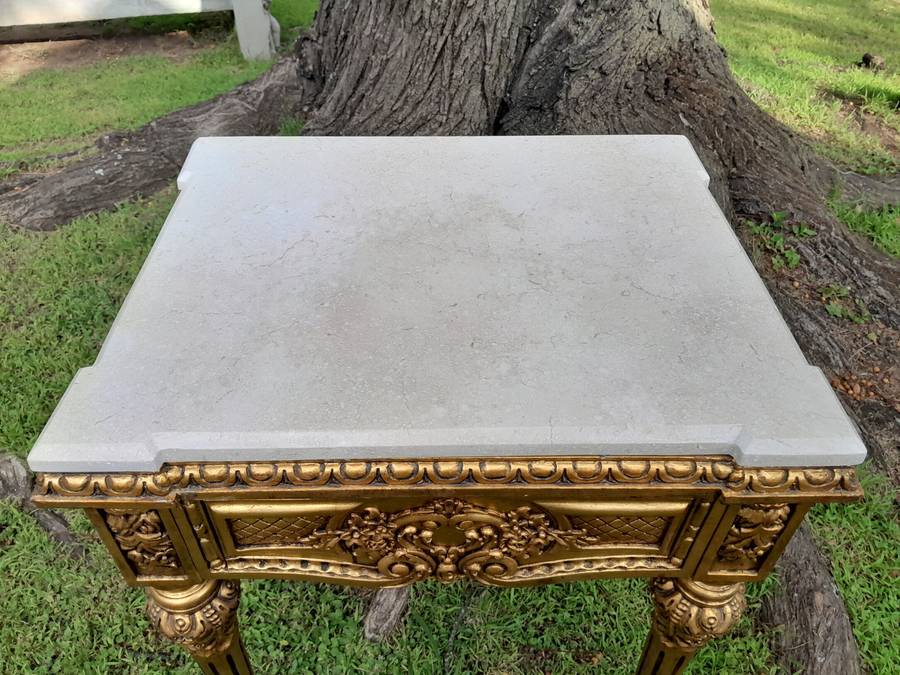 A Pair Of French Style Ornately Carved Marble Top Side Tables With 1 Drawer