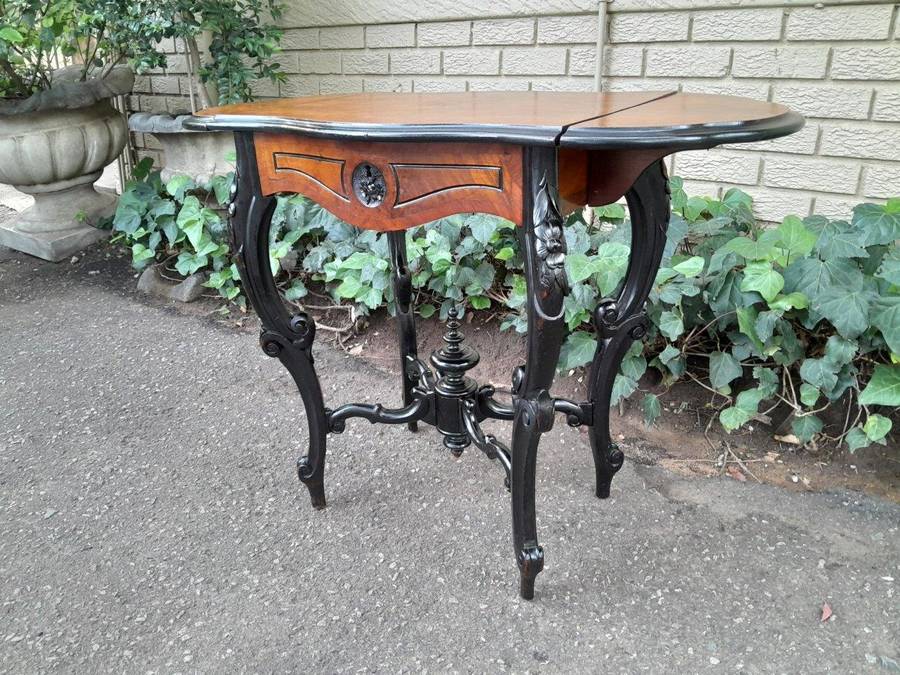 An Antique Victorian Burr Walnut and Ebonised Drop Side Table and Fitted Interior