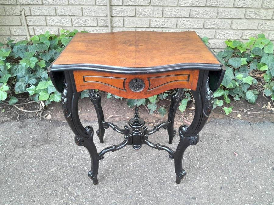 An Antique Victorian Burr Walnut and Ebonised Drop Side Table and Fitted Interior