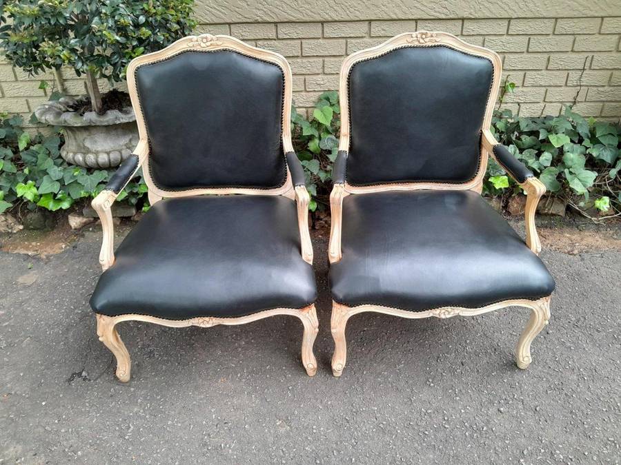 A 20th Century French Style Pair of Fruitwood Armchairs in a Contemporary Wood Finish and Upholst...