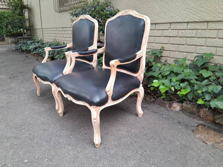 A 20th Century French Style Pair of Fruitwood Armchairs in a Contemporary Wood Finish and Upholst...