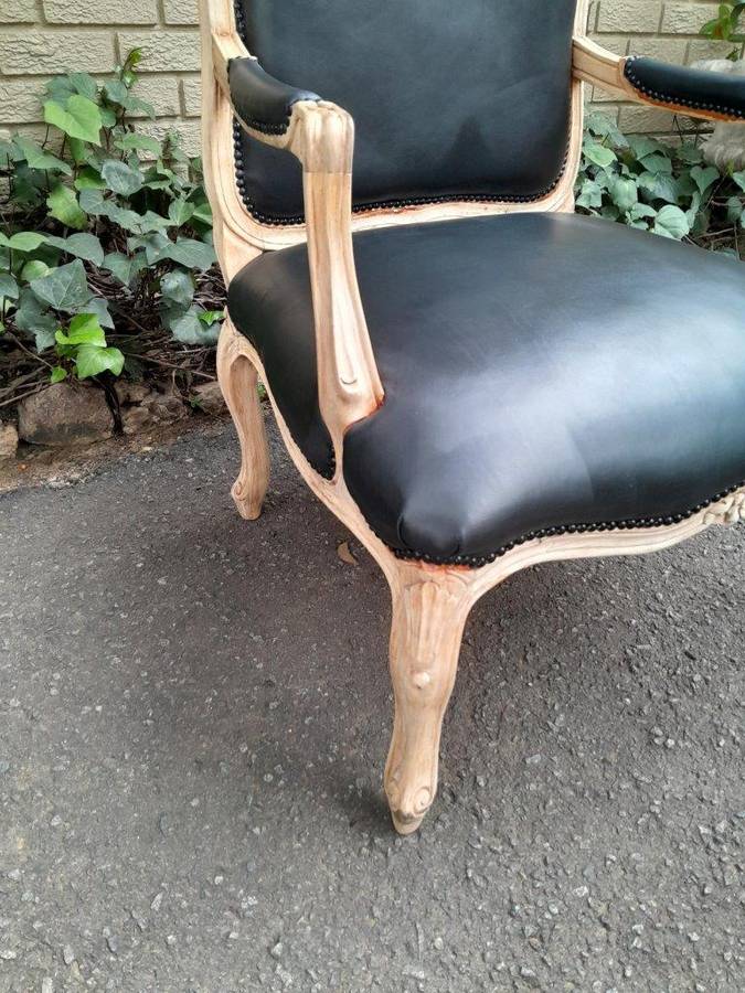 A 20th Century French Style Pair of Fruitwood Armchairs in a Contemporary Wood Finish and Upholst...