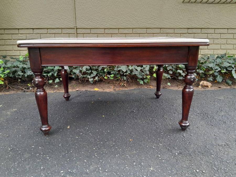 A 20th Century English Mahogany French Polished Table / Drinks Table With A Cream Marble Top (4 S...